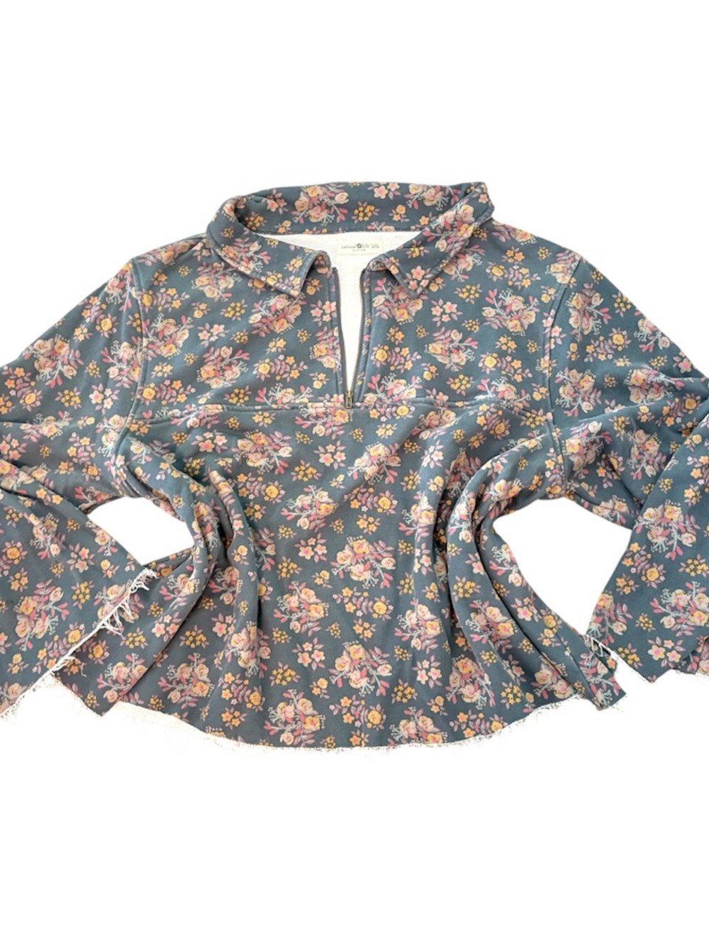 Natural Life Dusty Blue Floral Cropped Quarter Zip L/XL